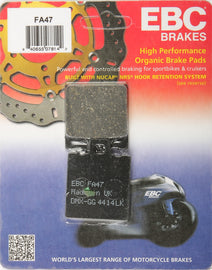 EBC Motorcycle Brakes brake pads set showing black friction material and metal backing plates for motorcycle braking system.