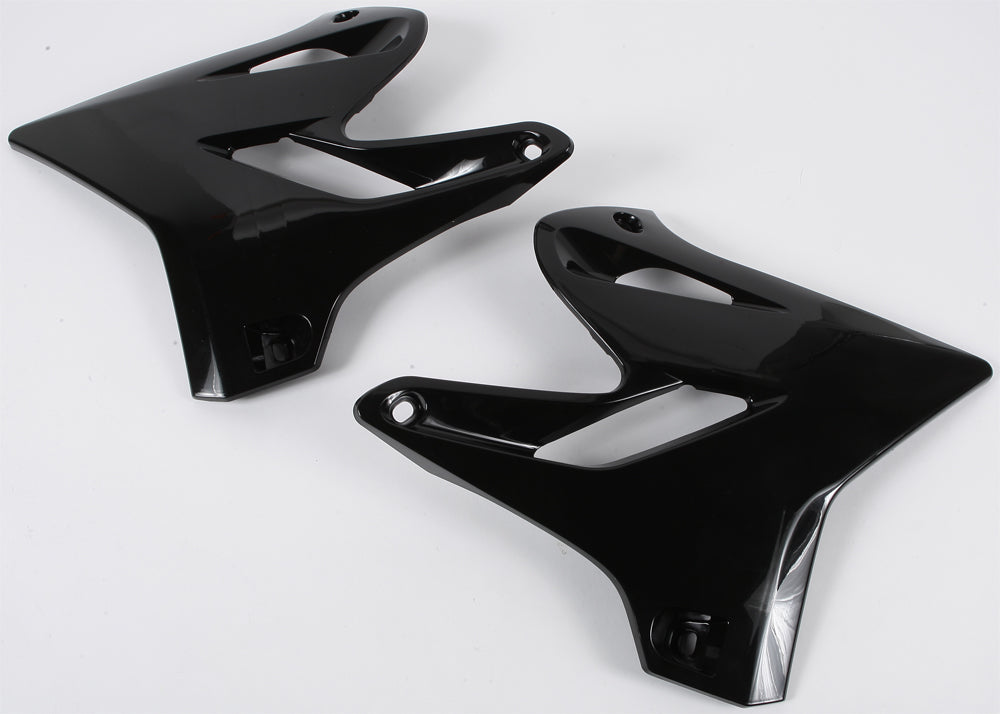 Black Acerbis radiator shrouds for motorcycle, featuring sleek design and durable plastic construction.
