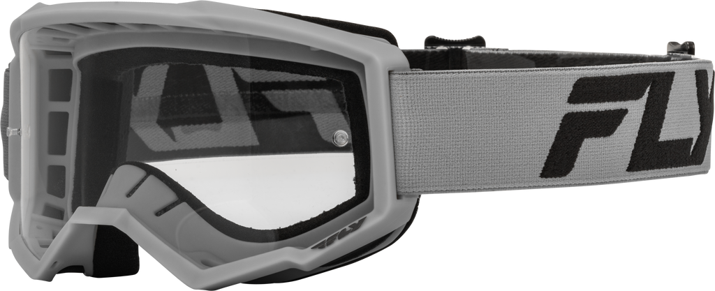 Fly Racing Focus Goggle in silver and charcoal with clear lens, featuring adjustable strap and foam padding for motocross riding.
