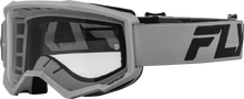 Load image into Gallery viewer, Fly Racing Focus Goggle in silver and charcoal with clear lens, featuring adjustable strap and foam padding for motocross riding.