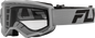 Fly Racing Focus Goggle in silver and charcoal with clear lens, featuring adjustable strap and foam padding for motocross riding.