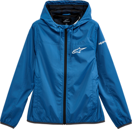 Blue Alpine Star Women's Treq Windbreaker, lightweight jacket with hood, front zipper, and adjustable drawstrings.