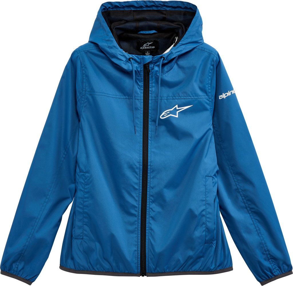 Alpine Star women's blue Treq windbreaker in XL size, lightweight jacket with a hood and zip front, suitable for outdoor wear.