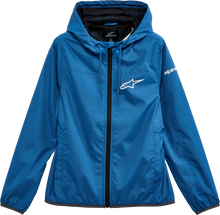 Load image into Gallery viewer, Alpine Star women's blue Treq windbreaker in XL size, lightweight jacket with a hood and zip front, suitable for outdoor wear.