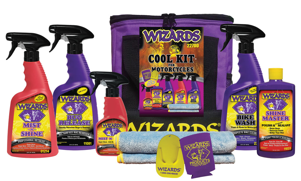 Wizards Products Cool Kit 7-piece set of chemicals with bottles and containers, used for automotive or industrial cooling applications.