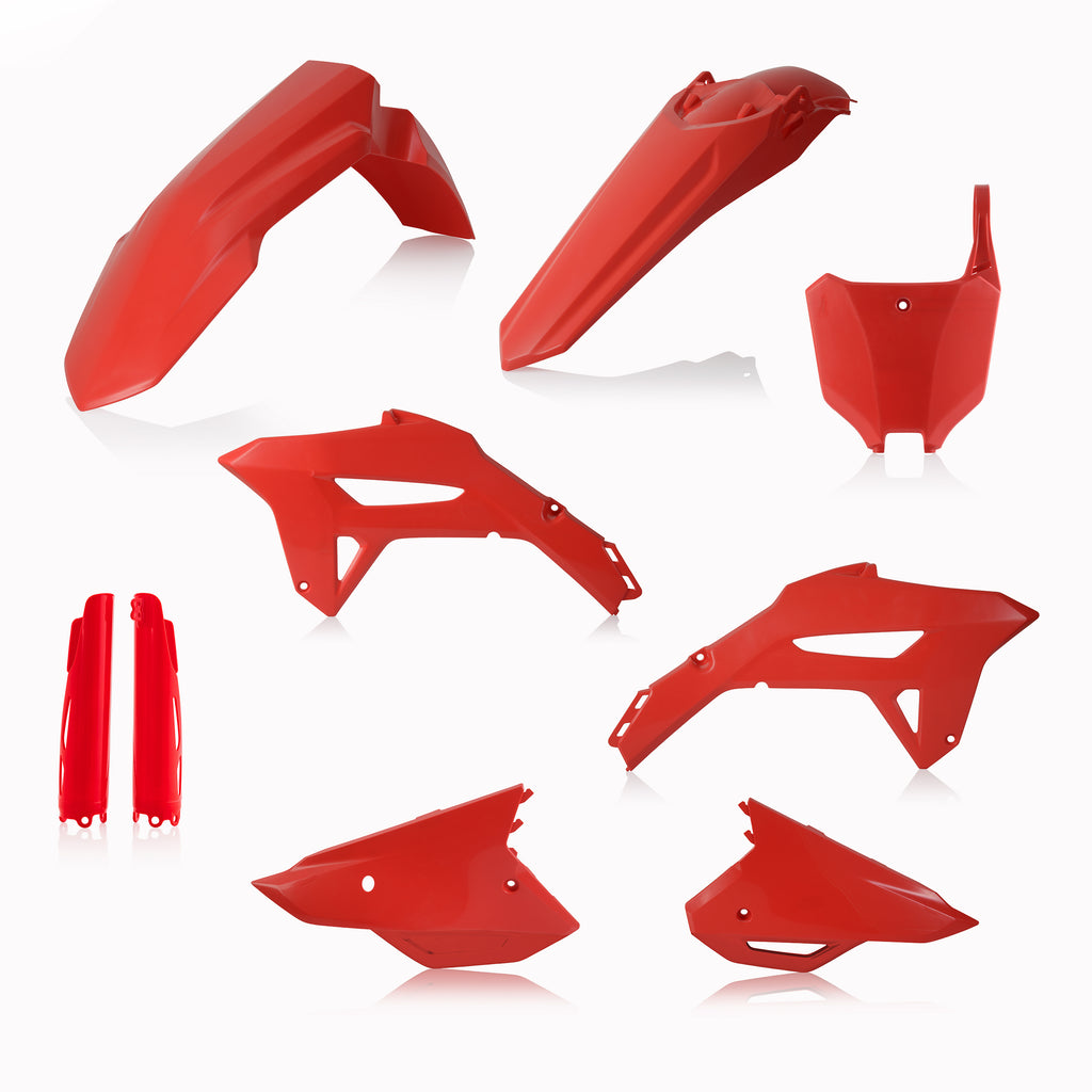 Acerbis plastic kit in full Honda red, featuring various motorcycle fairing panels and components with Acerbis branding.