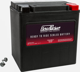 HARDDRIVE Yix30l/Yb30l B factory activated sealed AGM batteries showing the compact, robust battery with terminals on top.