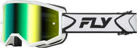 Fly Racing Zone goggle with white and black frame and iridescent green mirror lens, designed for motocross or off-road riding.