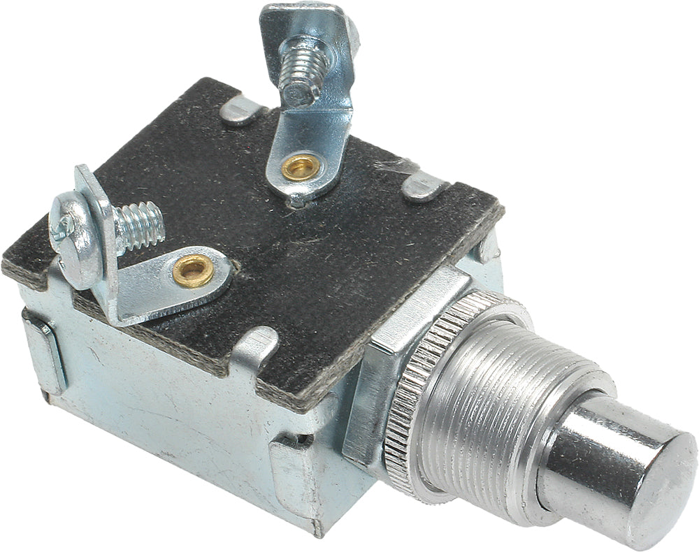 SMP push button switch 275-01121 with black round button and metal mounting frame, used for electronic control applications.