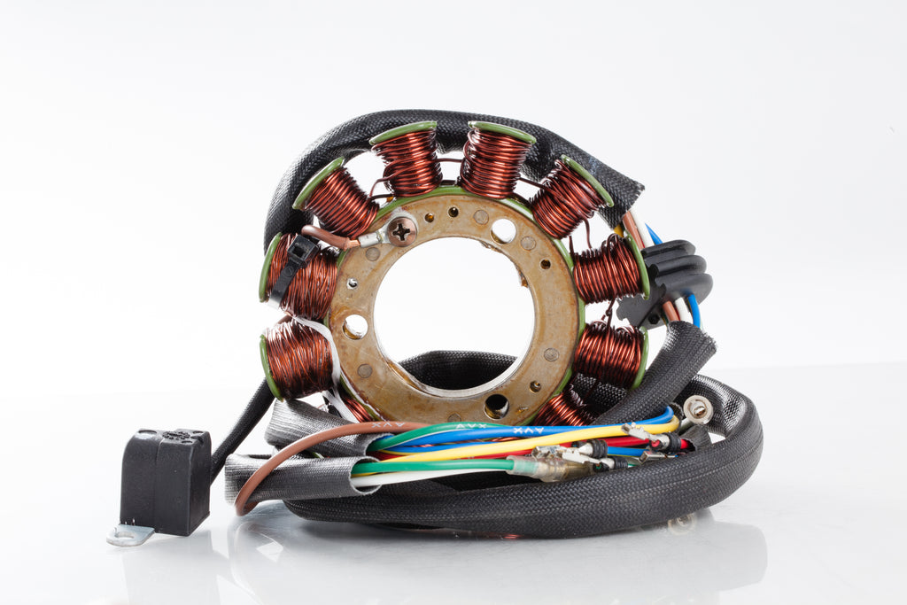 Ricks Motorsport Electric Stator 27-21562, electrical component with copper wiring and metal mounting plate for motorcycle engine repair