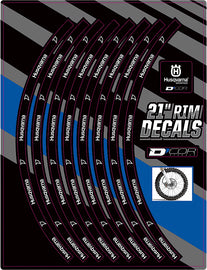 DCOR 21-inch Husqvarna logo rim decal for front wheel, featuring detailed Husqvarna branding graphics.