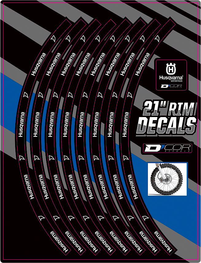 DCOR 21-inch Husqvarna logo rim decal applied to wheel rim, showcasing bold graphics and branding on motorcycle wheel.