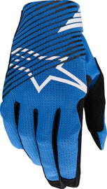 Blue Alpine Star Radar Pro gloves in large size, featuring textured palm and adjustable wrist straps for motocross riding.