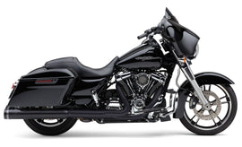 Cobra 4-inch black slip-on exhaust tip with groove detail for Harley Flh/Flt 17-25 models, shown on motorcycle.