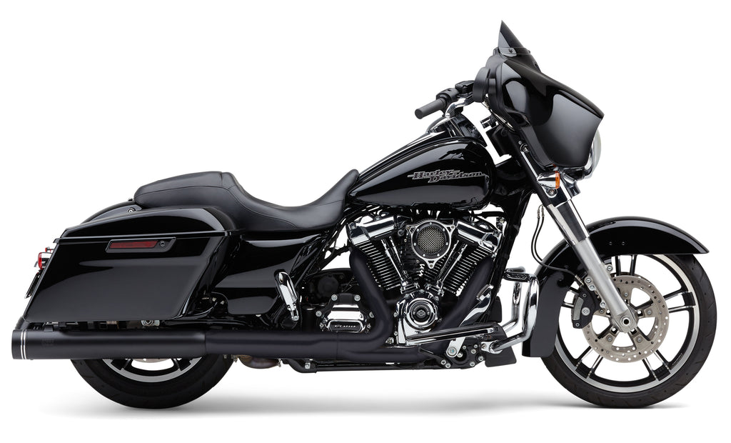 Cobra 4-inch black slip-on exhaust tip with groove design for Harley FLH/FLT 2017-2025, durable and stylish motorcycle exhaust accessory.