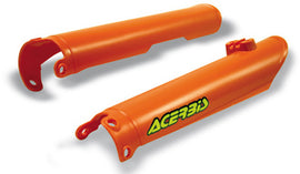 Orange Acerbis fork guard for motorcycle suspension, featuring vent holes and durable plastic construction.