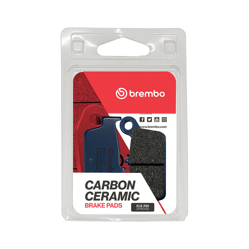 Brembo Prime CC carbon ceramic brake pads with metallic backing plates, shown in black and silver, designed for high-performance braking.