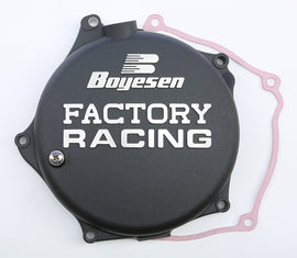 Boyesen Factory Racing Clutch Cover in black for street bikes, model 59-7217B, showing the durable metal design and branding.