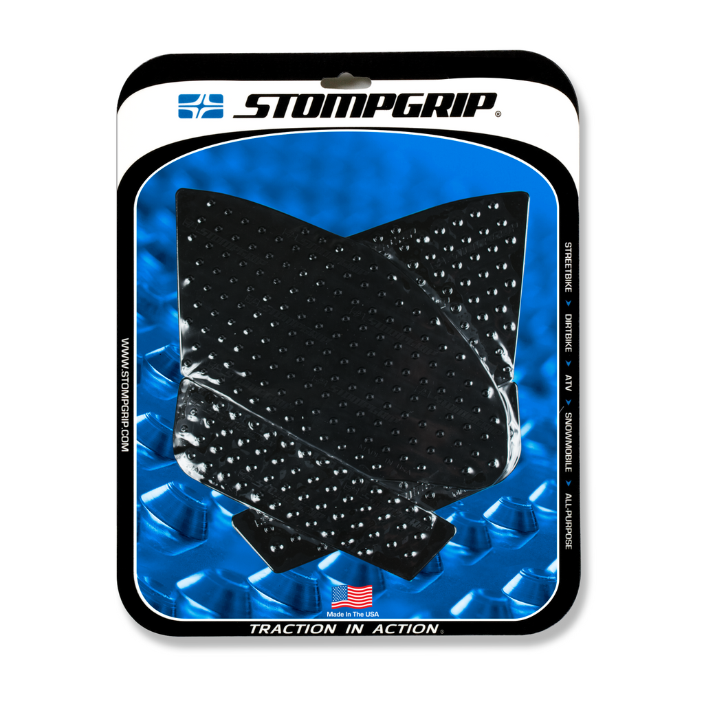 Stompgrip Tank Pad Kit Volcano Black for motorcycle body, featuring textured black grips and protective pads.