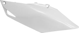 Acerbis white side panels for motorcycle, featuring sleek design and durable plastic construction.