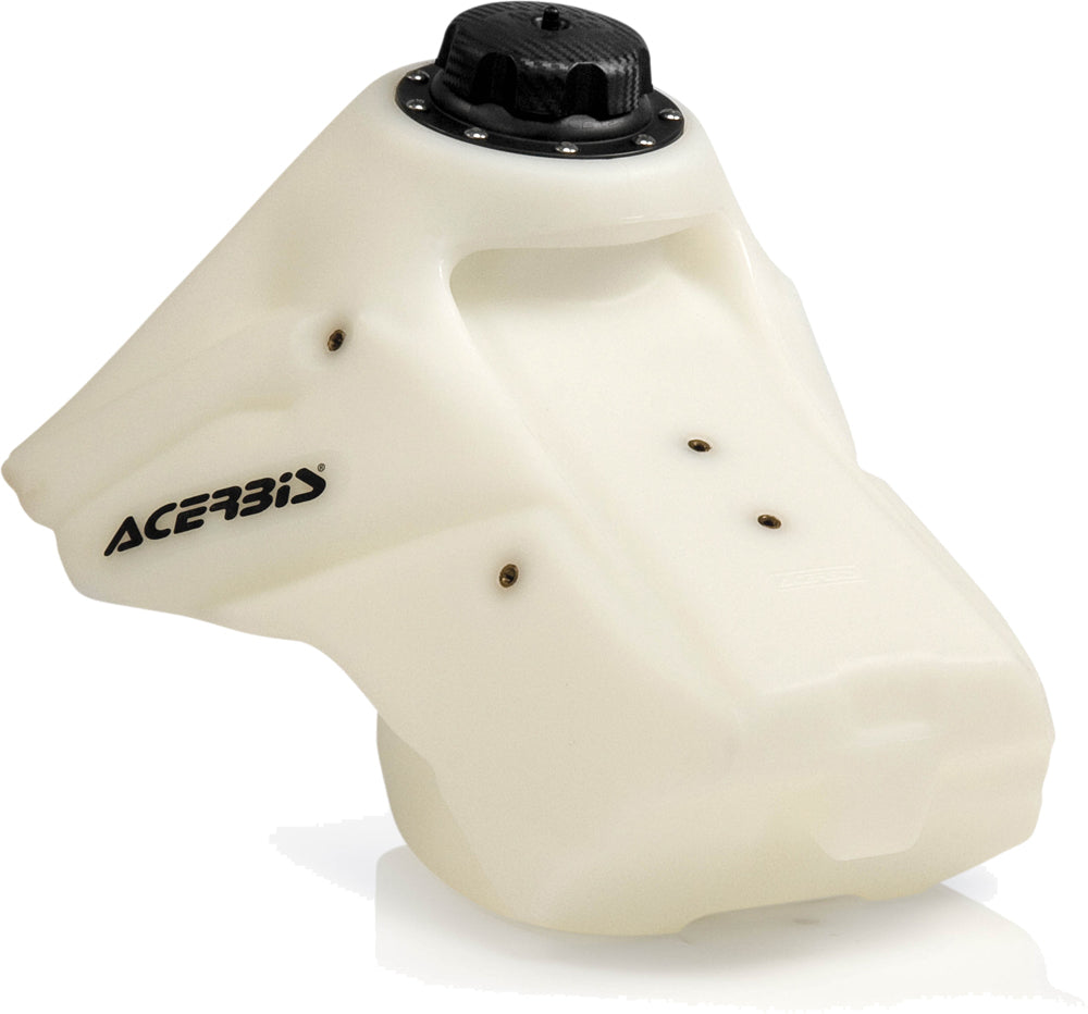 Acerbis 2.7-gallon natural fuel tank for motorcycles, showing the plastic container with fuel cap and branding details.