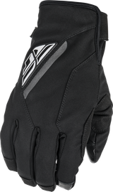 Fly Racing Title Gloves in black, size 10, close-up showing textured palm and adjustable wrist strap for motocross riding.
