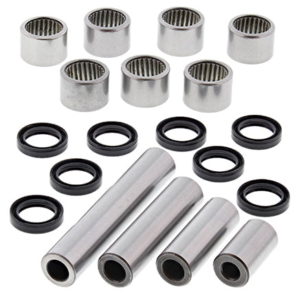 All Balls suspension linkage kit with bearings and seals, featuring multiple metal and rubber components for motorcycle suspension repair.