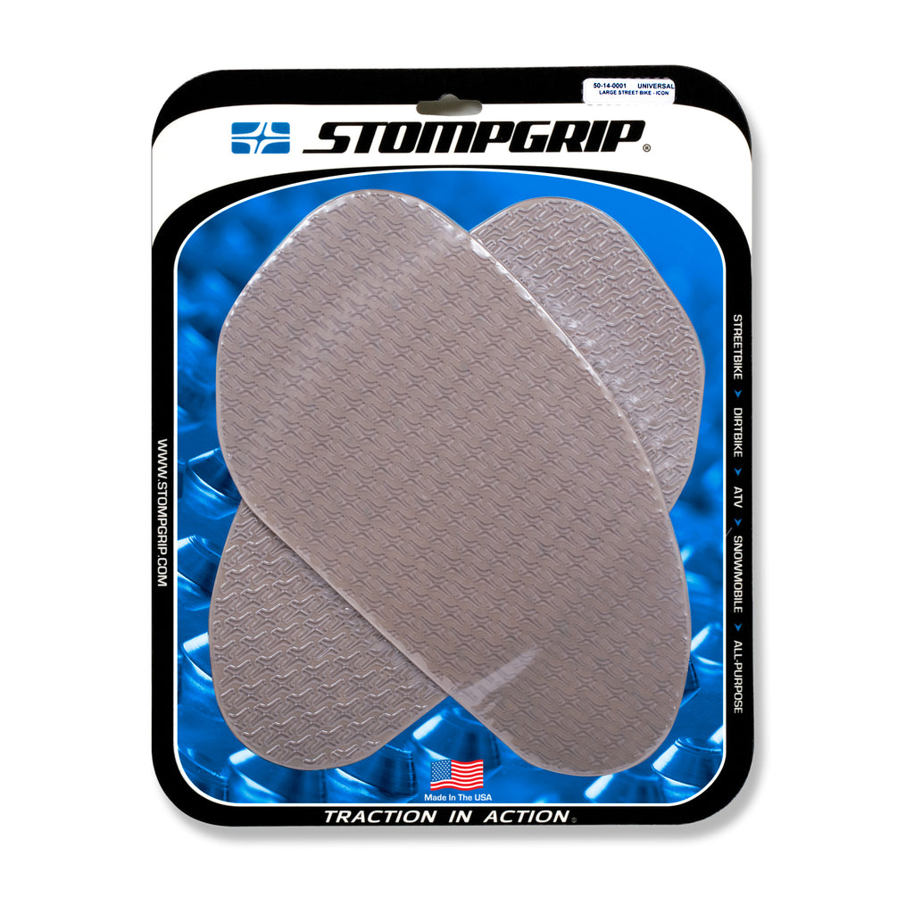 Stompgrip Universal Large Kit Icon Clear on-road motorcycle grip pads with textured surface for improved control and comfort.