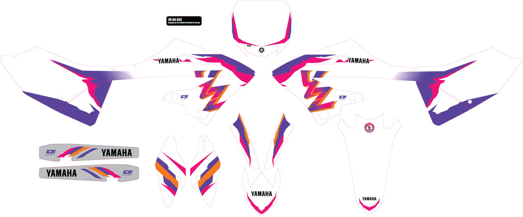 DCOR Yamaha complete graphic kit with decals featuring bold black and white designs, suitable for motorcycle customization.