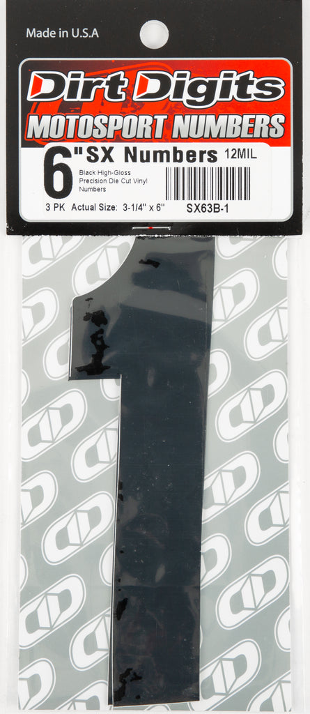 Black Dirt Digits #1 6-inch Super X decals, set of three graphics for vehicles or equipment, by Dirt Digits.