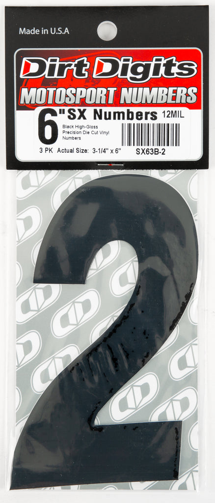 Dirt Digits #2 black 6-inch super X graphic decals, set of three, designed for motocross or dirt bike customization.