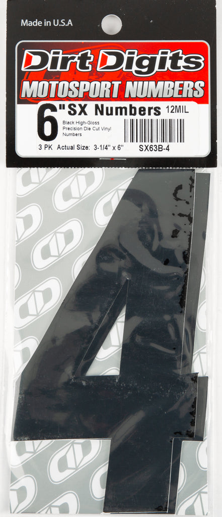 Black Dirt Digits #4 6-inch super X decals, set of three, for customizing vehicles or equipment with bold numeric graphics.