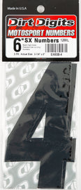 Black Dirt Digits #4 6-inch super X decals, set of three, for customizing vehicles or equipment with bold numeric graphics.