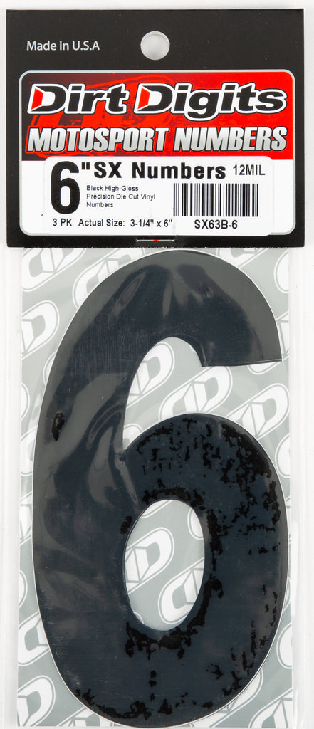 Black Dirt Digits #6 Super X decals, 6-inch size, in a 3-pack, for graphics and decals on bikes or vehicles.