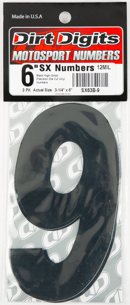 Black Dirt Digits #9 6-inch Super X decals by Dirt Digits, shown in a 3-pack with bold graphic design.