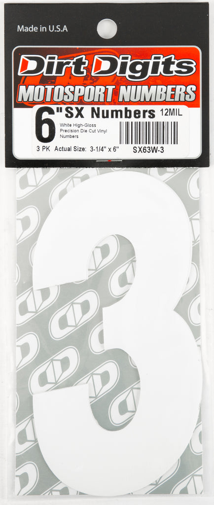 White Dirt Digits #3 6-inch Super X Digits, set of three, used for labeling or signage, from Dirt Digits brand.