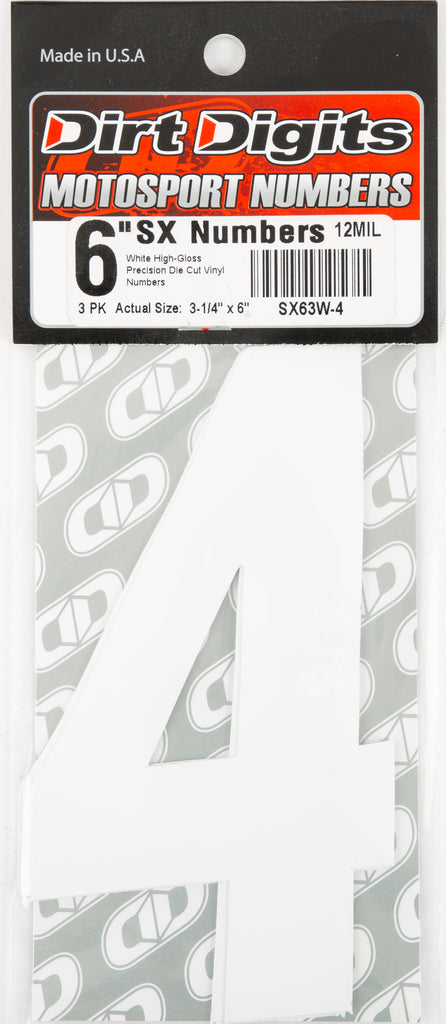 White Dirt Digits #4 Super X 6-inch number set from Dirt Digits, showing three durable plastic digits for signage or displays.
