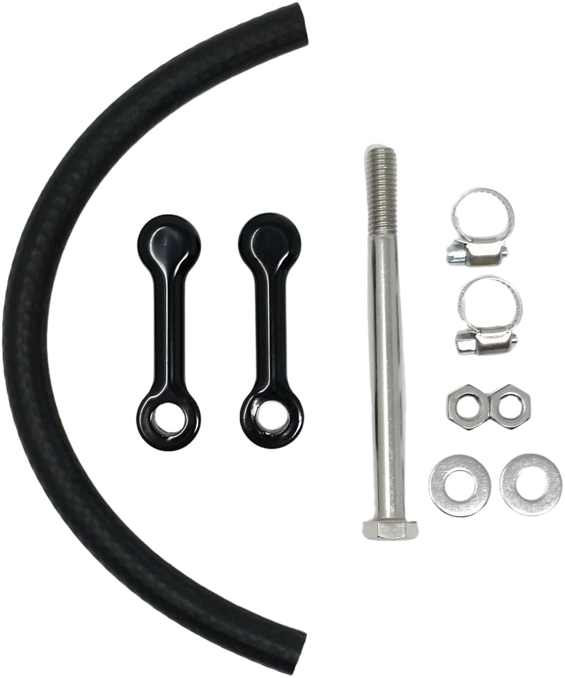 DK Custom Products Billet Tank Lift Kit 2" for Softail, black powder coat hardware and fasteners for motorcycle tank installation.