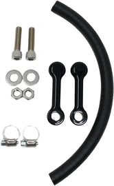 Black billet tank lift kit for 1999-up touring motorcycles by DK Custom Products, includes hardware and fasteners, powder-coated finish.