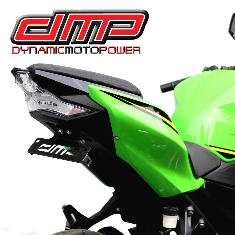 Black DMP Fender Eliminator Kit for Kawasaki motorcycle, showcasing sleek body design and mounting hardware.