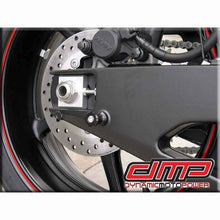 Load image into Gallery viewer, Black DMP swingarm spools for motorcycles with 10mm mounting, designed for easy installation and secure attachment.