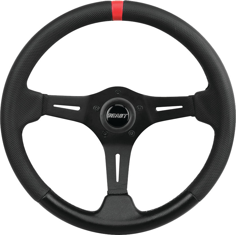 Black Grant R&P steering wheel with ultra grip texture, featuring a sleek design and sturdy construction for enhanced driving control.