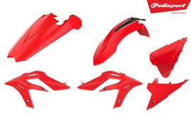 Red Polisport Plastics body kit for bikes, featuring durable plastic panels with a sleek design and installation components.