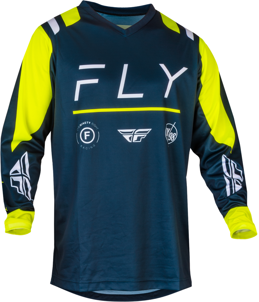 Fly Racing F-16 Navy, Hi-Vis, and White motocross jersey with breathable fabric and bold color design.