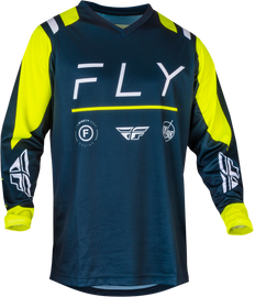 Fly Racing F-16 Navy, Hi-Vis, and White motocross jersey with breathable fabric and bold color design.