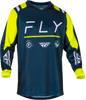 Fly Racing F-16 Navy, Hi-Vis, and White motocross jersey with breathable fabric and bold color design.