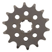 Supersprox steel front motorcycle sprocket with 14-tooth count for Kawasaki and Suzuki 420 chain models, durable and precision-made.