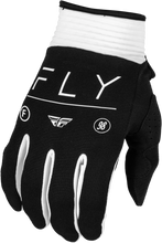 Load image into Gallery viewer, Fly Racing Women's F-16 Gloves in black and white, size small, with padded knuckles and breathable fabric for riding comfort.