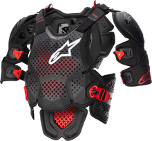 Load image into Gallery viewer, Alpine Star A-10 V2 full chest protector in anthracite, black, and red with adjustable straps, designed for motorcycle safety.