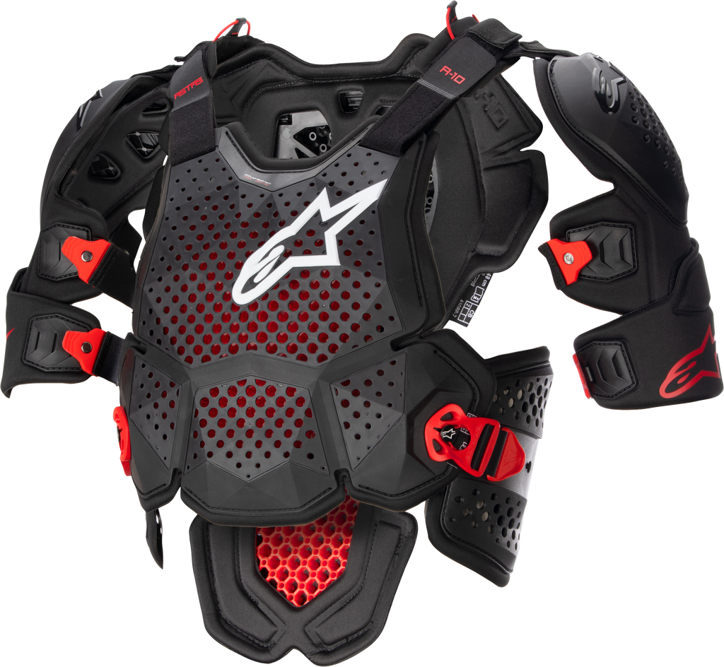 Alpine Star A-10 V2 full chest protector in anthracite, black, and red, XL size, with adjustable straps and protective padding.